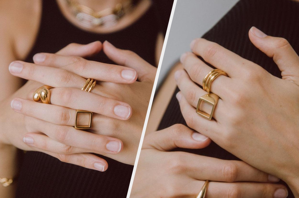 Two images of model wearing gold rings