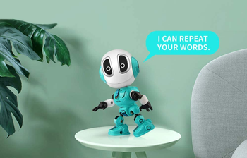 White, teal, and black robot with word bubble stating 
