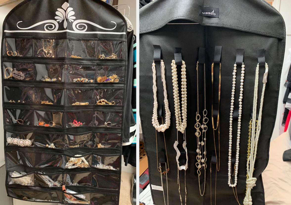 reviewer collage of hanging jewelry holder with many pockets