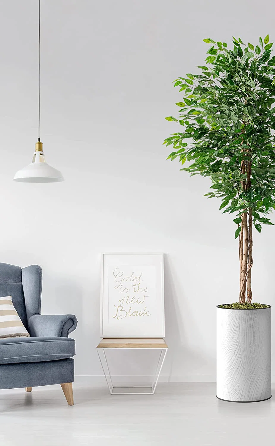 Fake ficus plant inside a white textured pot with fake moss next to light wooden side table with photo on top