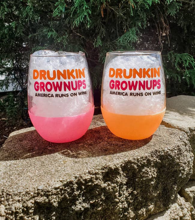 Wine glasses with the dunkin logo that say 