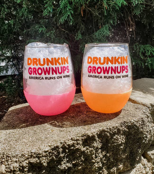 Wine glasses with the dunkin logo that say 