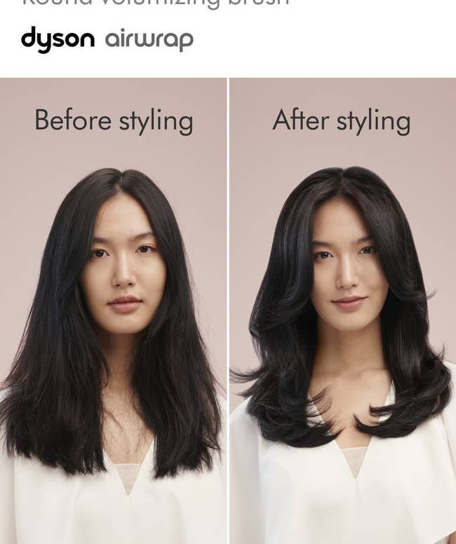 before photo of a model with dry, unstyled hair next to an after photo of a model whose hair has been blownout with a Dyson Airwrap and it looks bouncy and shiny