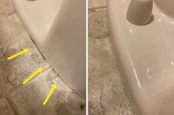 before and after of a toilet skirt with gunk and then clean