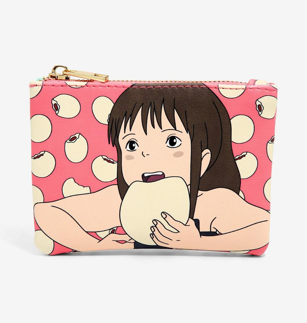 coral zip top coin purse printed with meat buns and a large image of Chihiro eating one