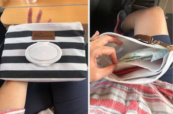 Two reviewer images of striped clutch bag exterior and interior 