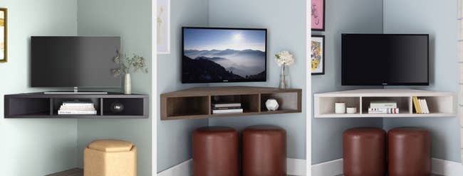 Three images of black, brown, and white corner TV stand
