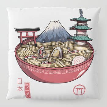 Display of pillow from the front to demonstrate ramen landscape illustration
