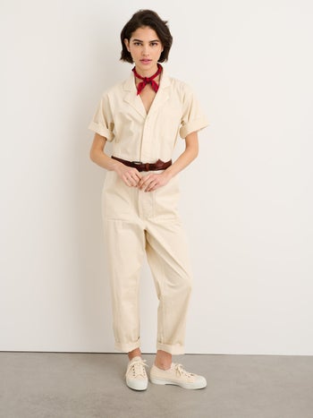 model wearing the jumpsuit in oatmeal