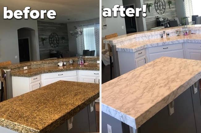 left: reviewer before photo of dark brown kitchen counter tops / right: after photo with the faux marble adhesive applies