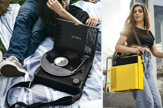 Black portable turntable with carrying strap and vinyl playing on a picnic blanket with models laying behind it, model carrying product in yellow outside