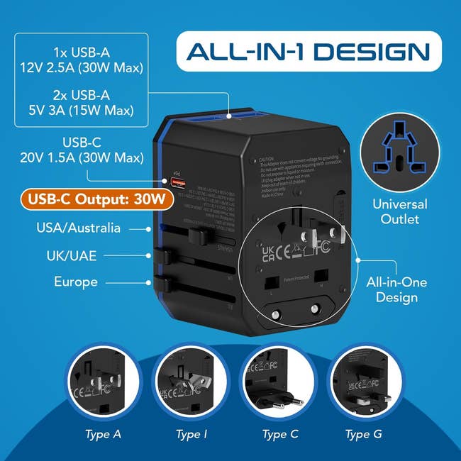 30W. Suitable for assorted plug types