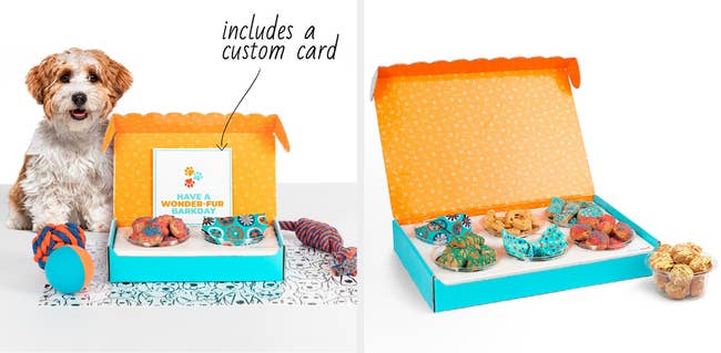 Two images of the dog treat gift box