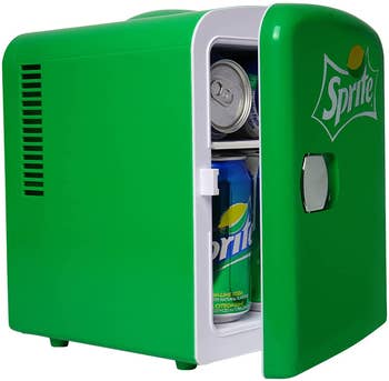 Green mini fridge with Sprite logo on the front