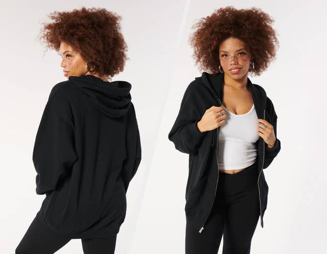 Two images of a model wearing black hoodie