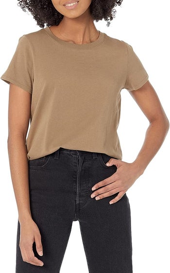 different model wearing the shirt in brown