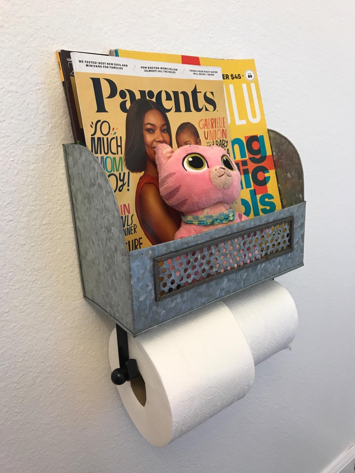 the galvanized toilet roll holder mounted on reviewer's bathroom wall