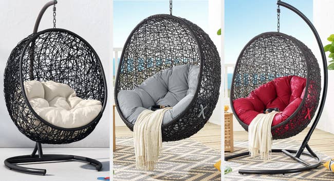 Three images of chairs with white, gray, and red cushions