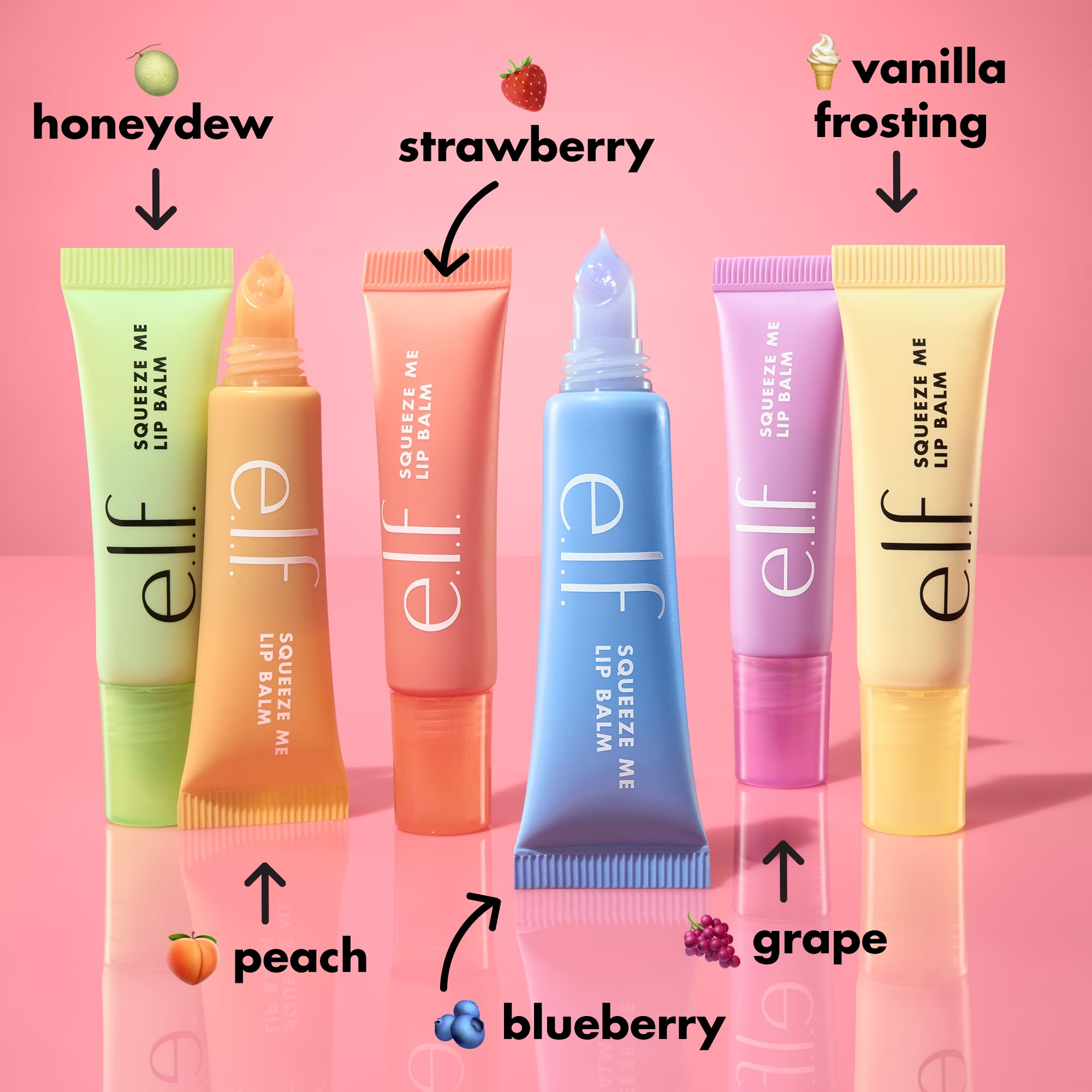 e.l.f. Squeeze Me Lip Balm postulation  successful  honeydew, strawberry, vanilla frosting, peach, blueberry, and grape flavors displayed connected  a pinkish  background
