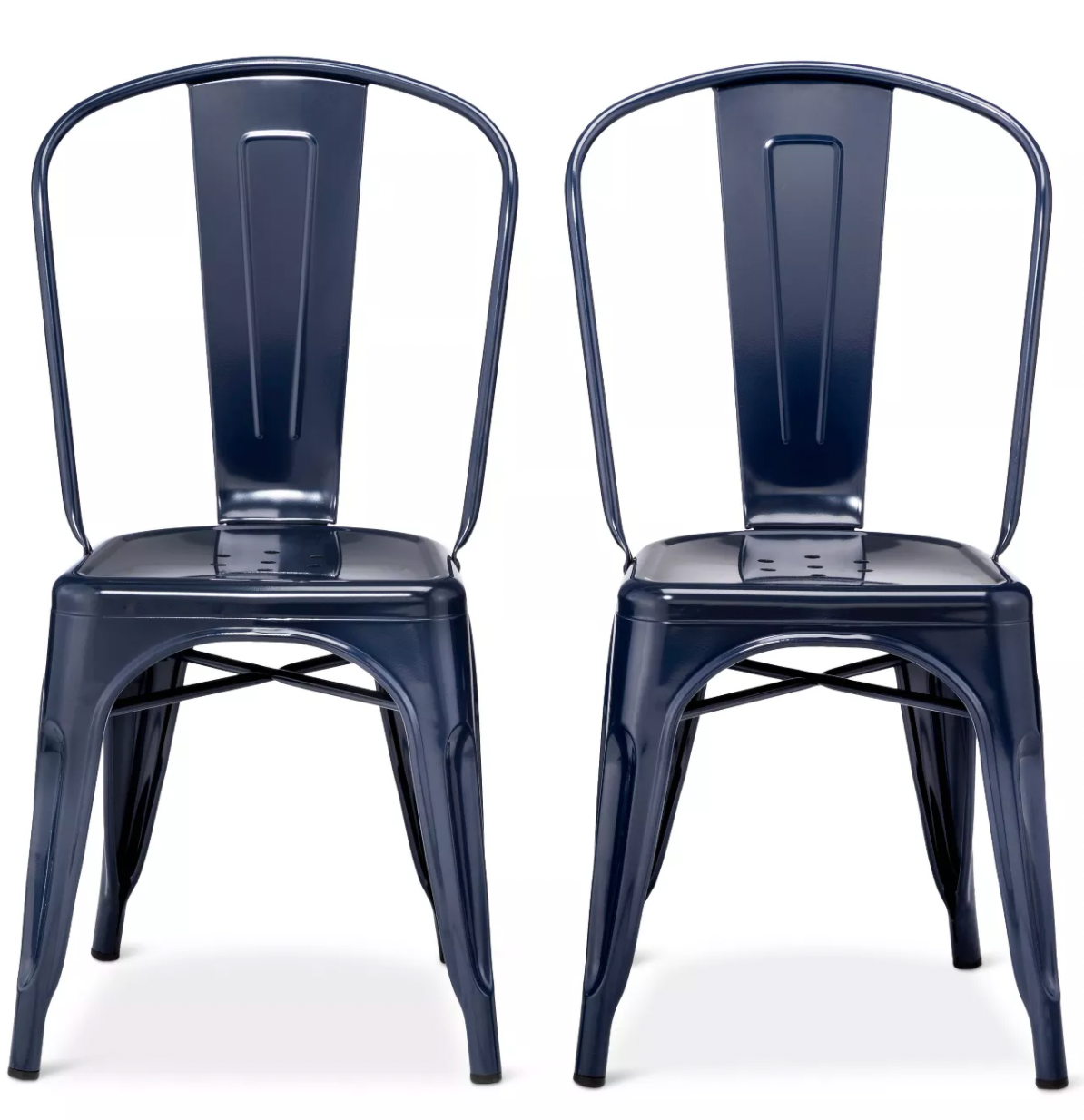 a pair of navy metal dining chairs