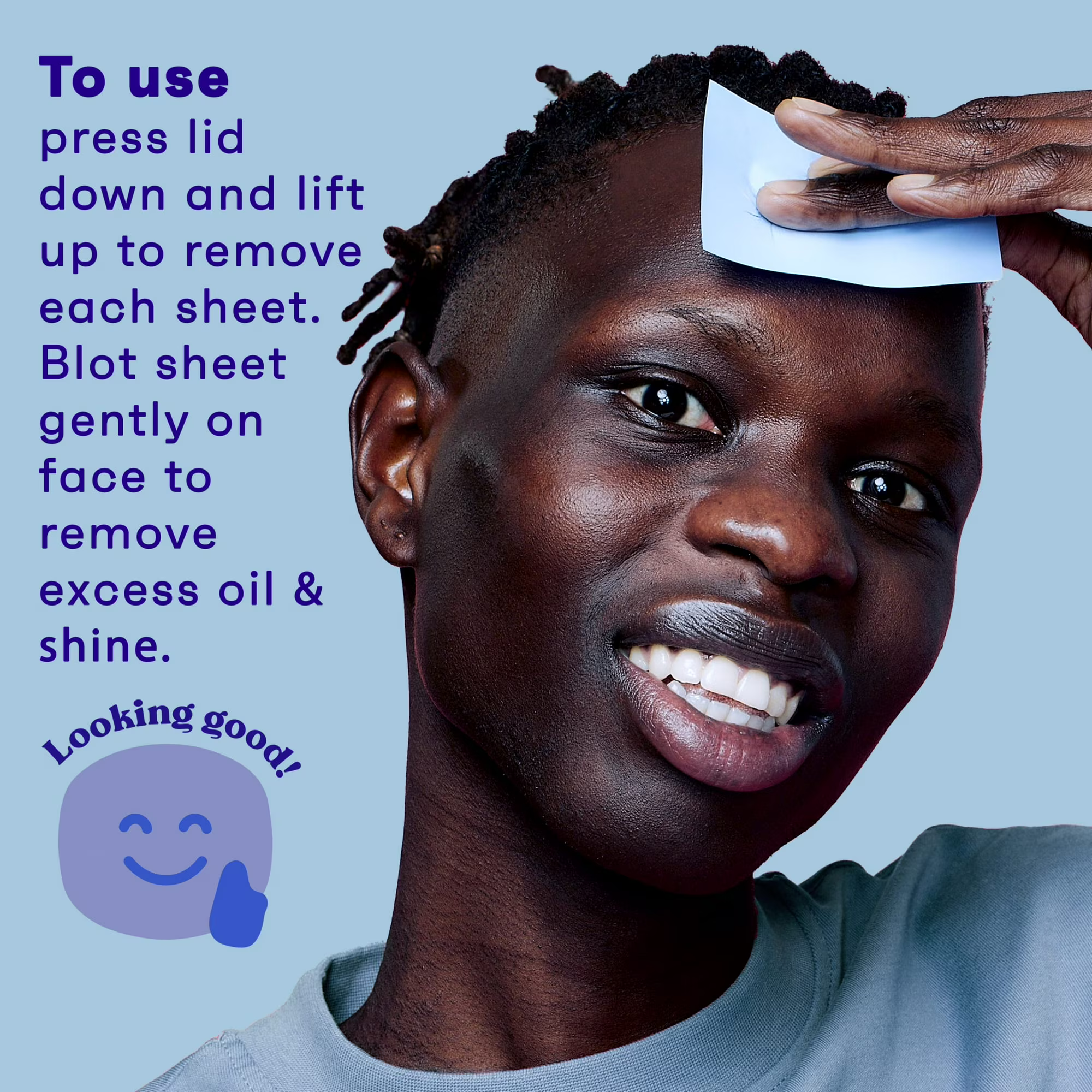 Person demonstrates facial blotting insubstantial  use; substance   explains pressing, lifting, and blotting steps to region   lipid  and shine