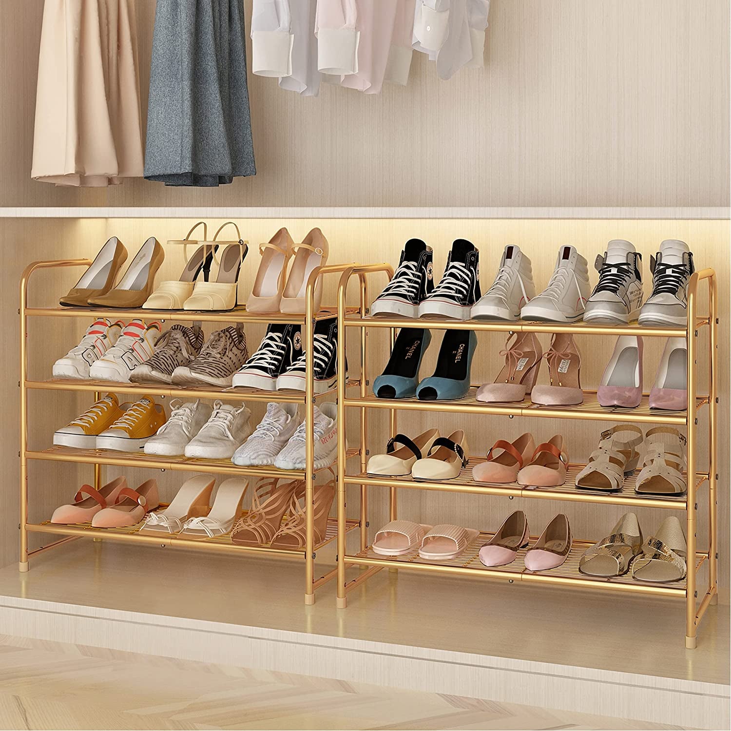 two hold shoe racks full of shoes in a closet