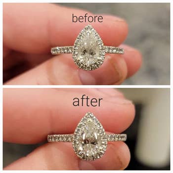reviewer before and after photos showing a ring with a dull stone above the same ring looking shinier after being cleaned with the diamond dazzle stick