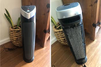 split image of two reviewer photos showing the exterior of a black air purifier then the interior filter