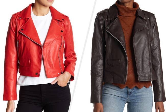 Two images of models wearing red and brown jackets
