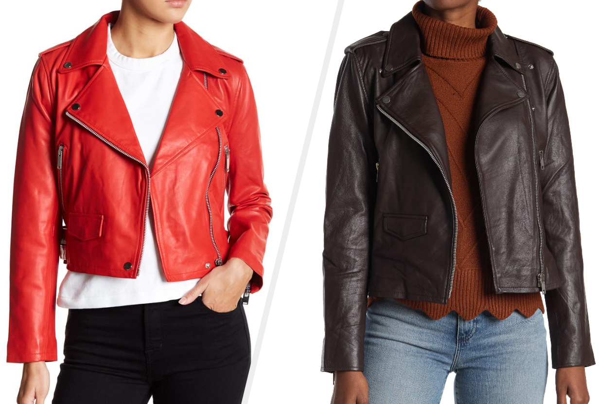 Two images of models wearing red and brown jackets