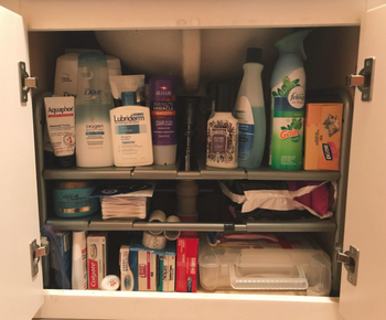 the same under the sink now organized with a shelving unit