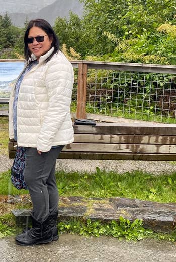 reviewer wearing the jacket on a trip to alaska