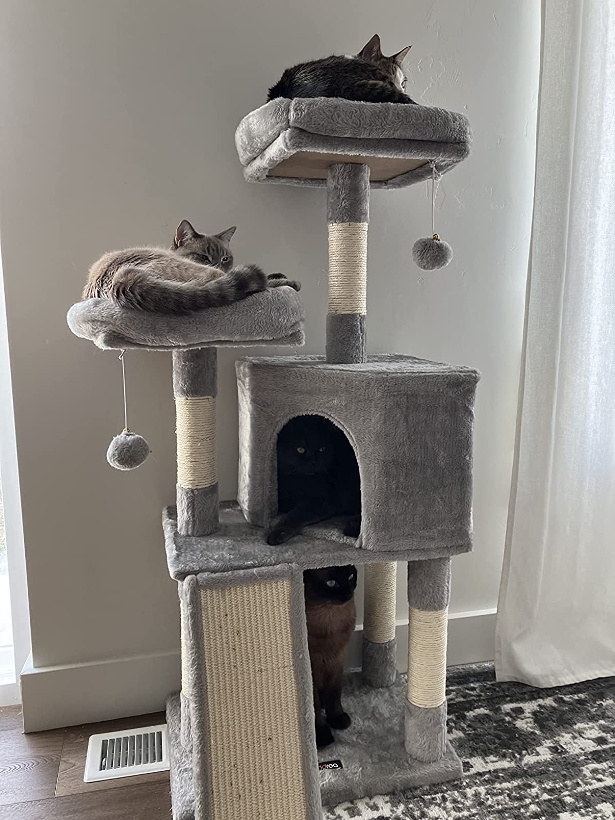 A reviewer's four cats on the tower - two in the perches, one in the little house, and one on the base level