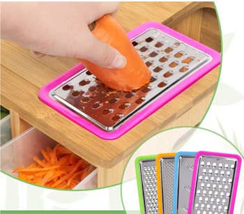 Model grating a carrot over a hole in the cutting board 