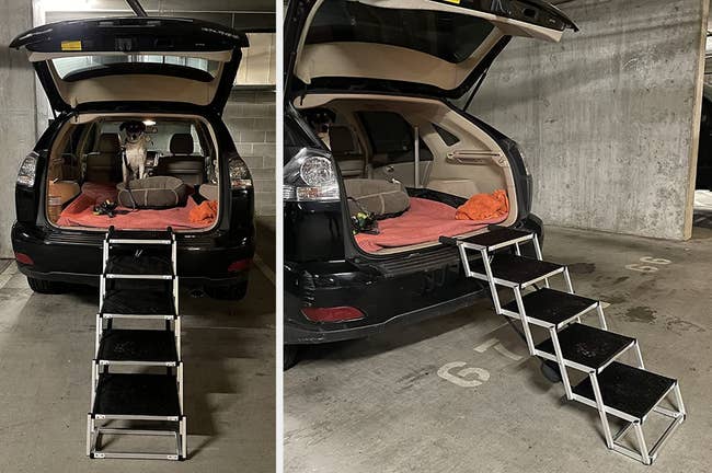 Reviewer image of black and silver metal stairs attached to open trunk of car with dog inside, side view of product attached to car in parking garage