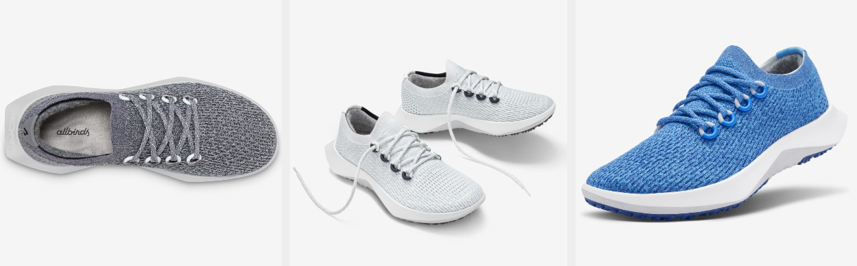 Three images of gray, white, and blue sneakers