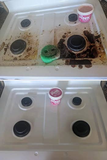 reviewer before photo of dirty stove top and after using the Pink Stuff looking spotless and clean
