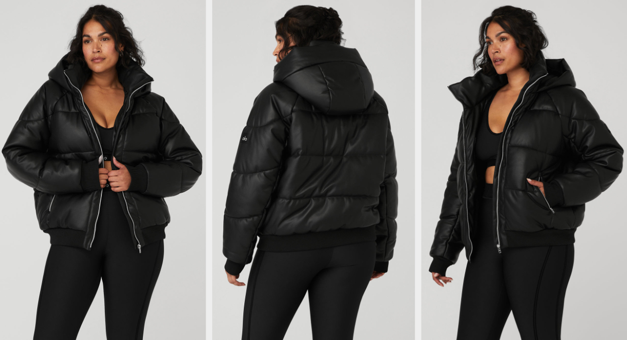 Three images of a model wearing the black jacket