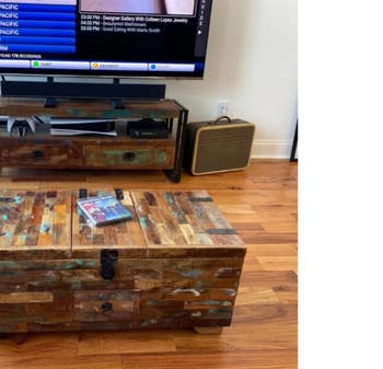 colorful wood trunk-style coffee table
