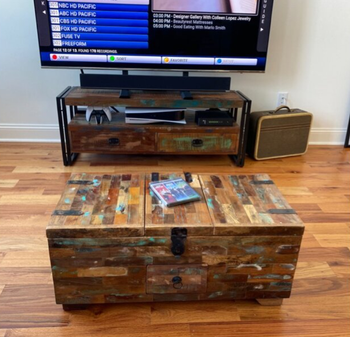 colorful wood trunk-style coffee table