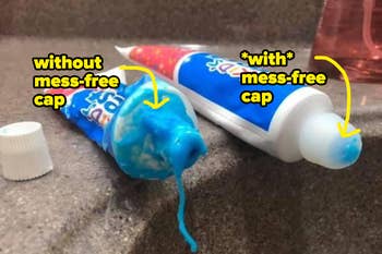 a messy toothpaste and a no longer messy one with the cap on it 