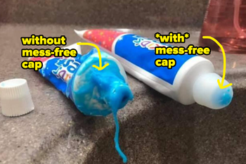 a messy toothpaste and a not messy one with the cap on it 