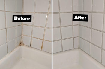 Reviewer image of before and after of shower wall with mold and without