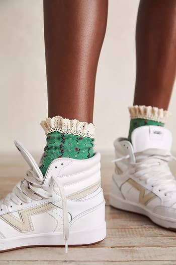 green floral socks with lace edges 