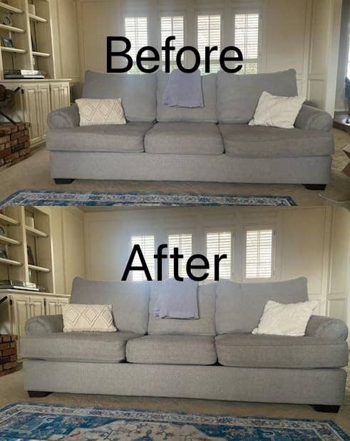 before image of a gray couch with sagging cushions and after image of the same couch with cushions that are not sagging