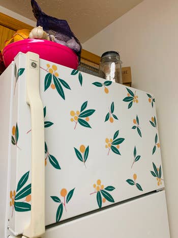 Refrigerator decorated with leafage  and berry patterns, topped with a pinkish  vessel  of nutrient   and a solid  jar, suitable for room  decor inspiration