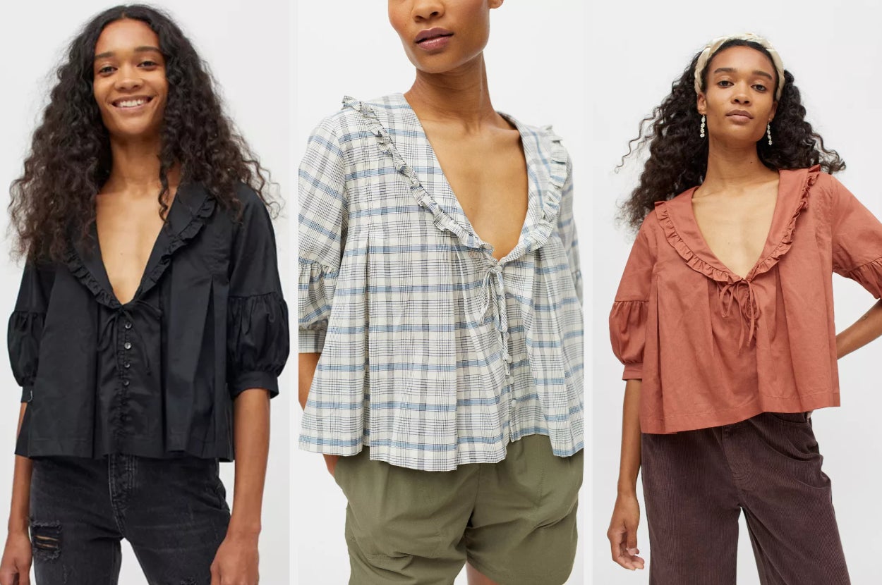 the same model wearing the collared top in black, blue, and rust