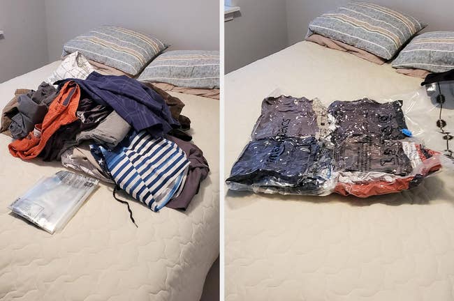 Before and after photos of a bed, first with unfolded clothes, then neatly packed clothes in vacuum-sealed bags