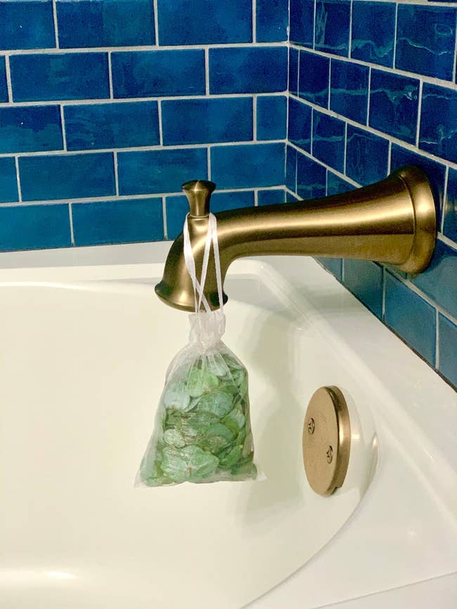 clear pouch of fresh eucalyptus leaves and essential oil hanging on a gold bath faucet 