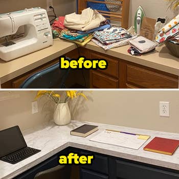 another reviewer's before photo of a sewing area with a dated countertop and after looking new and refreshed with the granite adhesive